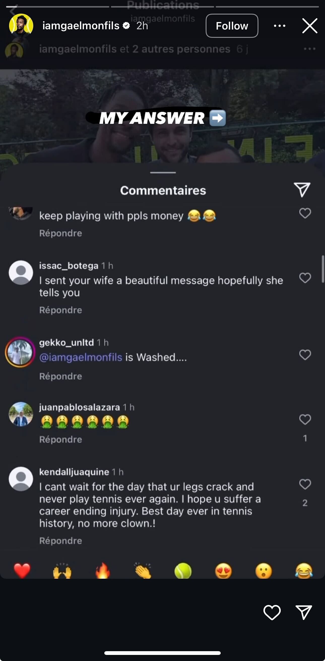 Some of the hateful comments written by bettors on Gael Monfils' Instagram (Source: Instagram/iamgaelmonfils)